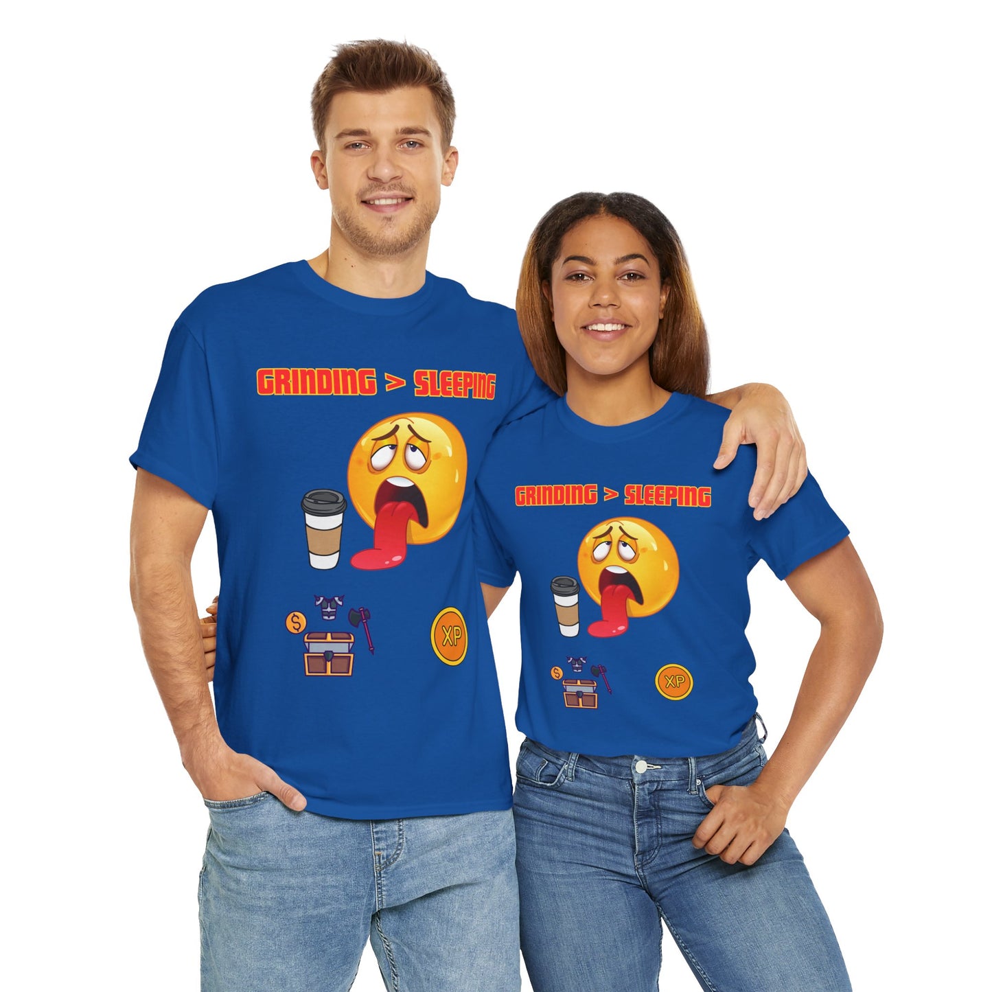 Grinding > Sleeping Unisex Heavy Cotton Tee - Funny Graphic T-Shirt for Gamers and Coffee Lovers, Gaming, Video Game, Geek, Nerd, RPG