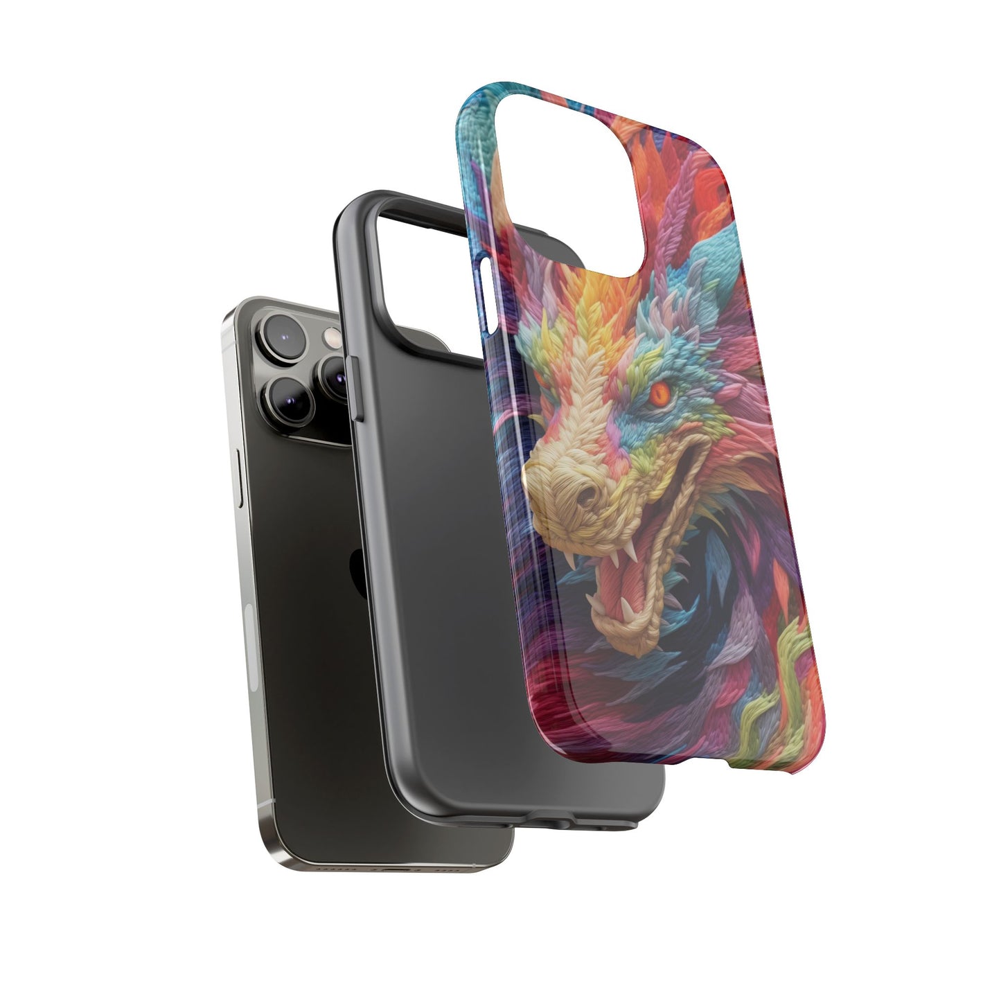 Vibrant 3D Embroidery Embroidered Rainbow Dragon Phone Case - Tough Protection for Fantasy Lovers, DND, RPG, TTRPG, Geek, Nerd