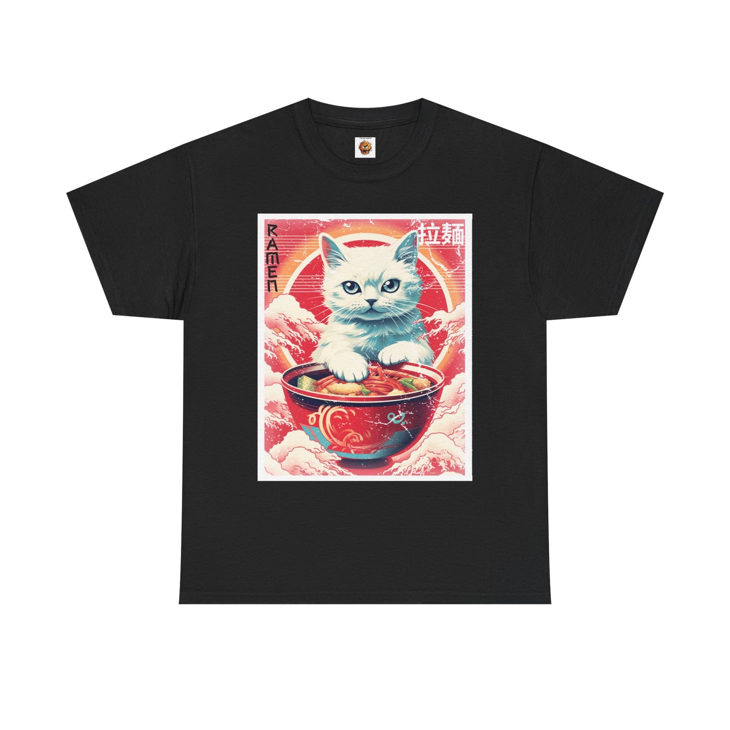 Cute Kawaii Anime Cat Eating Ramen Unisex Heavy Cotton Tee Shirt T-Shirt - Perfect for Animal Lovers and Foodies, Vintage Ad Style, Geek, Nerd