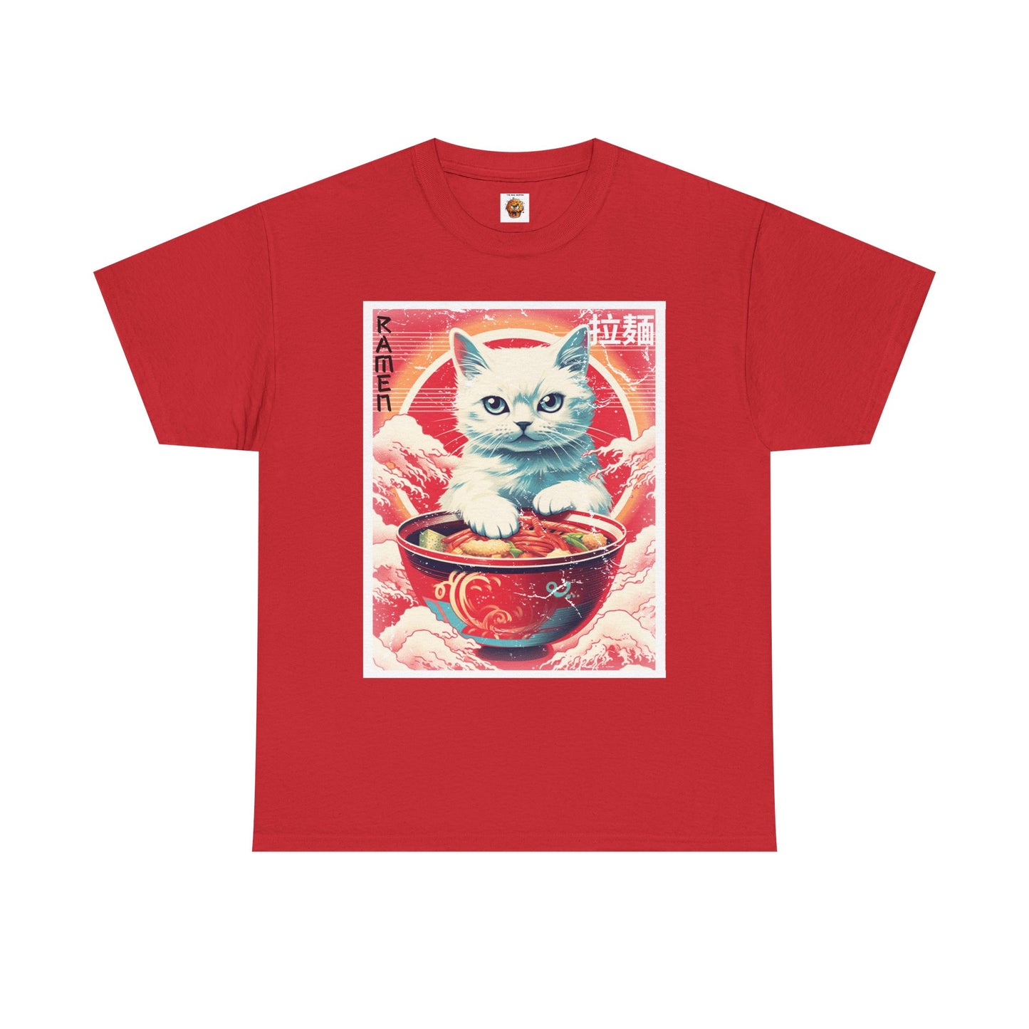 Cute Kawaii Anime Cat Eating Ramen Unisex Heavy Cotton Tee Shirt T-Shirt - Perfect for Animal Lovers and Foodies, Vintage Ad Style, Geek, Nerd