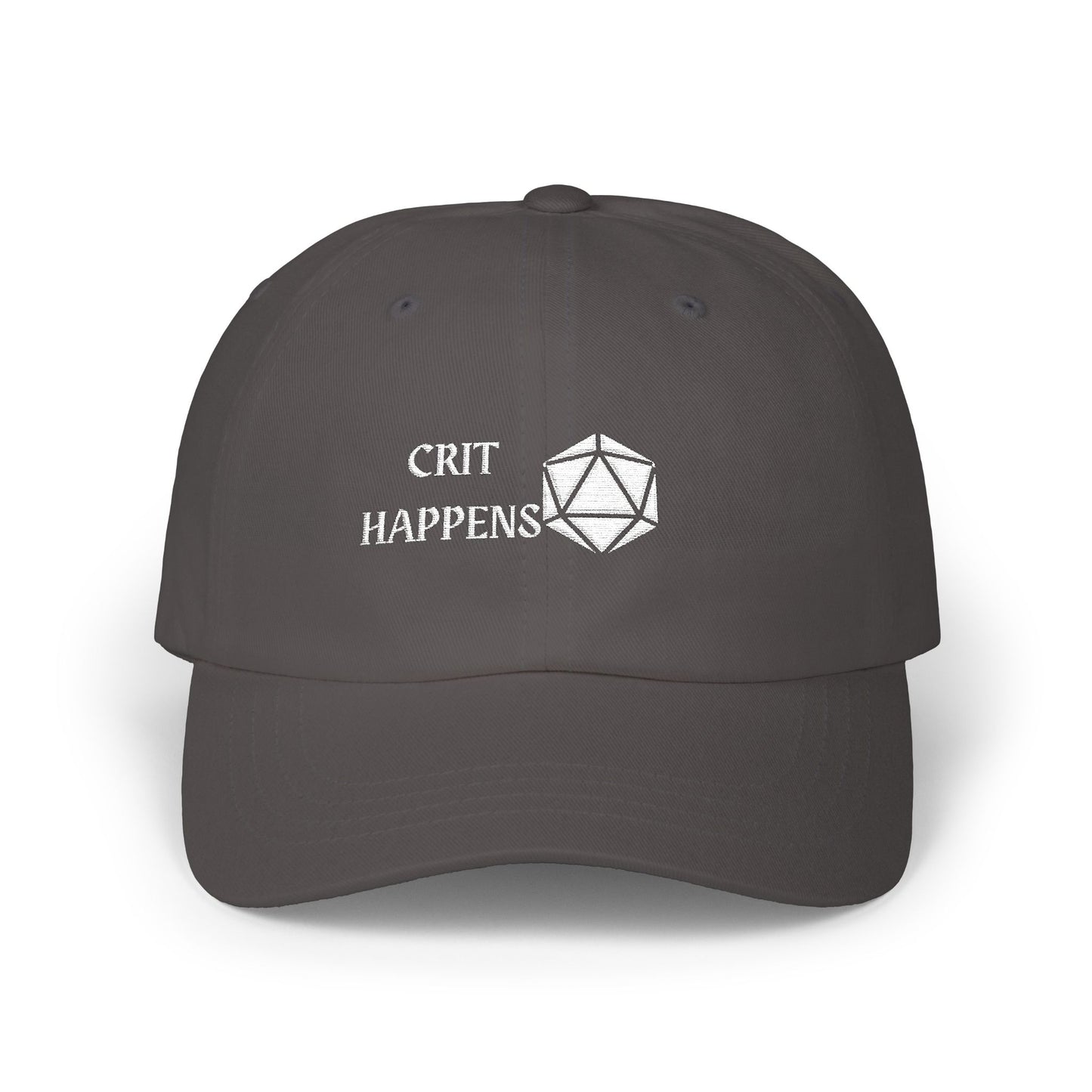 DnD D20 Embroidered Dad Cap 'Crit Happens' Hat for Gamers, Geek Apparel, Gifts for D&D Fans, Casual Style Dad Cap, RPG, TTRPG, Roleplaying, Nerd
