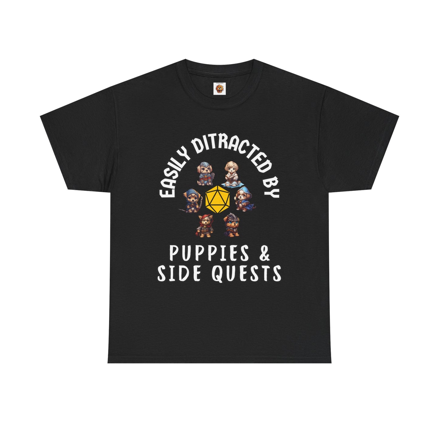 'Easily Distracted by Puppies & Side Quests' Unisex Heavy Cotton Tee Shirt - Shirt for Dog Lovers, DND, RPG, TTRPG, Roleplaying Game, Geek, Nerd