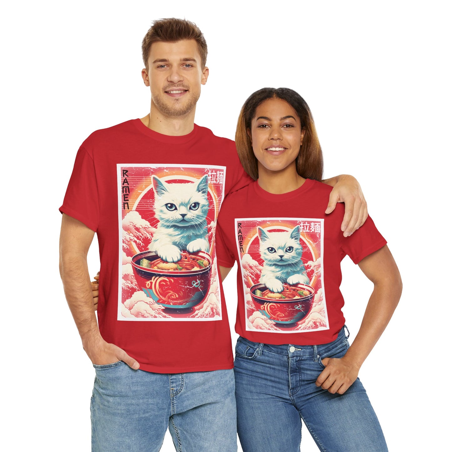 Cute Kawaii Anime Cat Eating Ramen Unisex Heavy Cotton Tee Shirt T-Shirt - Perfect for Animal Lovers and Foodies, Vintage Ad Style, Geek, Nerd