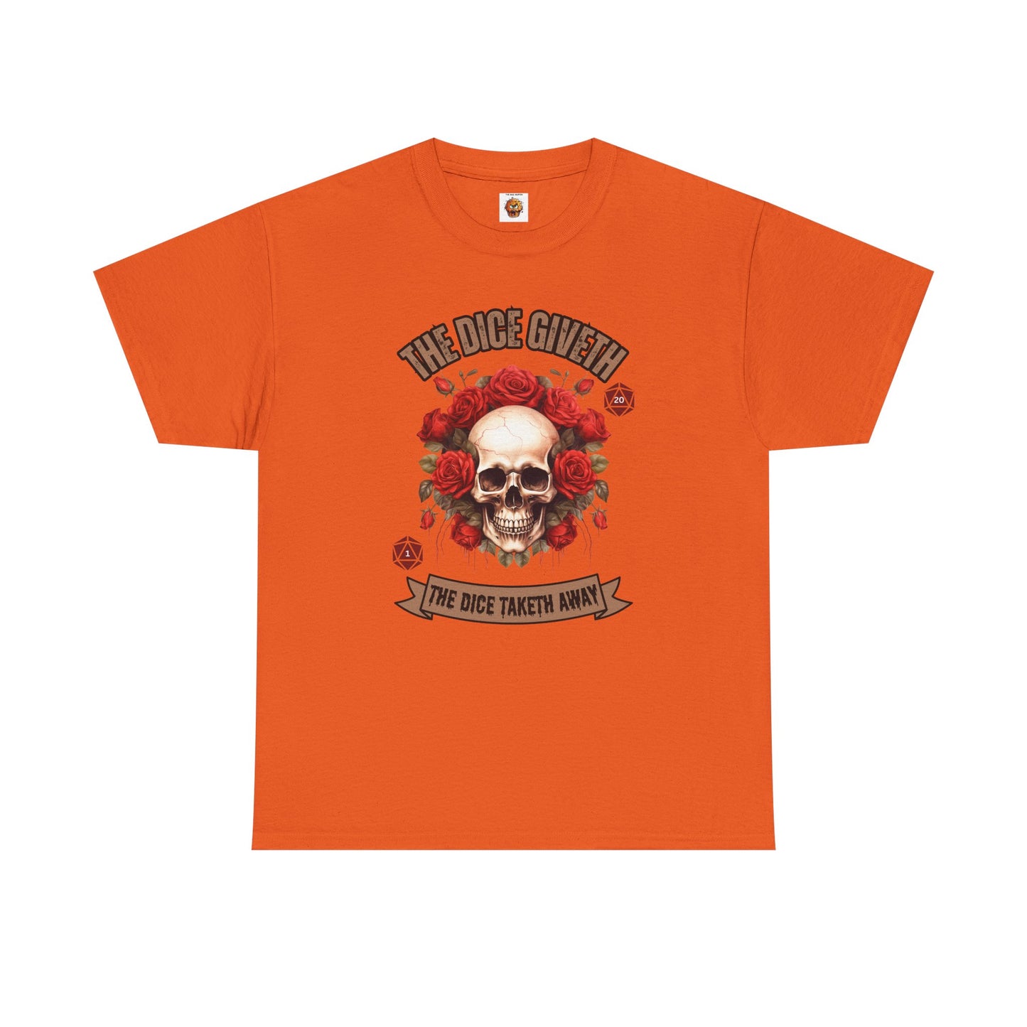 Skull & Roses 'The Dice Giveth The Dice Taketh Away' Graphic Tee, Unisex Heavy Cotton Tee, Casual Wear, Gift for Gamers, Alternative Fashion, D20, DND, RPG, TTRPG, Geek, Nerd