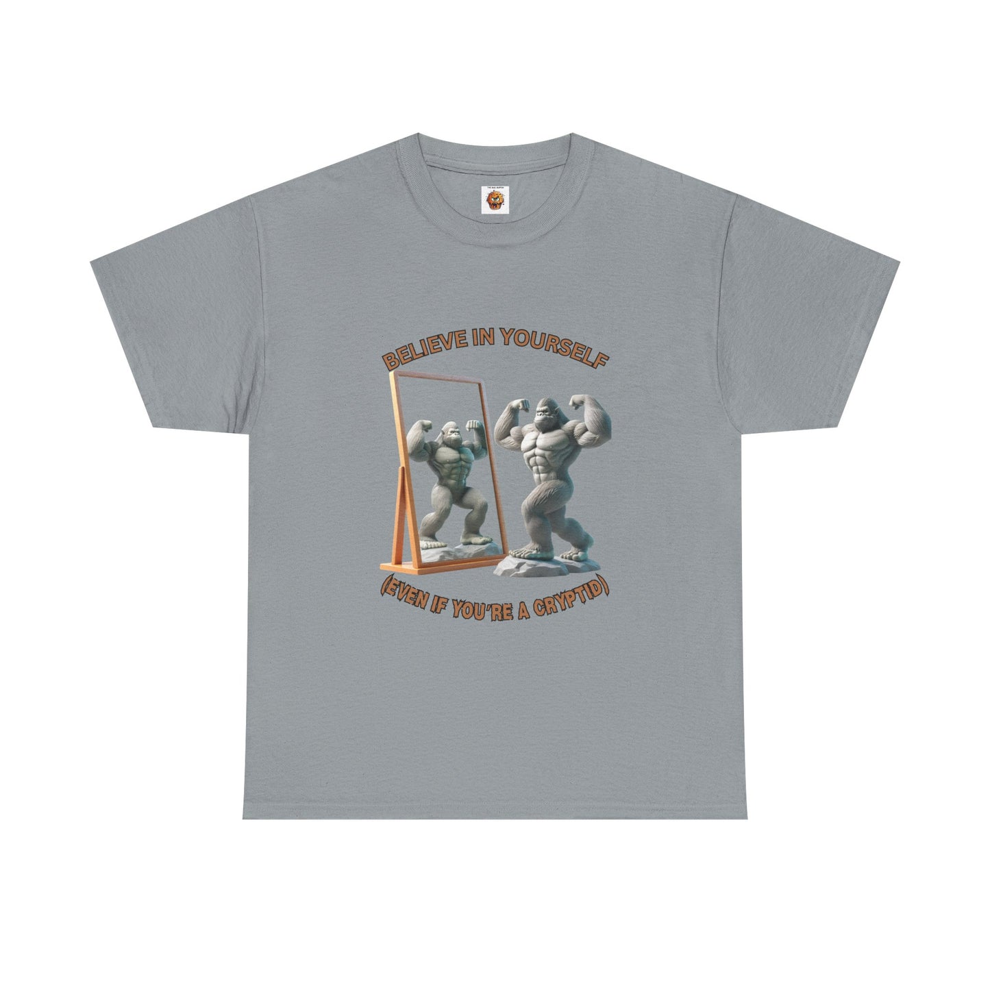 Funny 'Believe In Yourself Even If You're A Cryptid' Bigfoot Motivational Unisex Heavy Cotton Tee | Fitness Inspiration | Gift for Gym Lovers, Paranormal, Aliens, Geek, Nerd