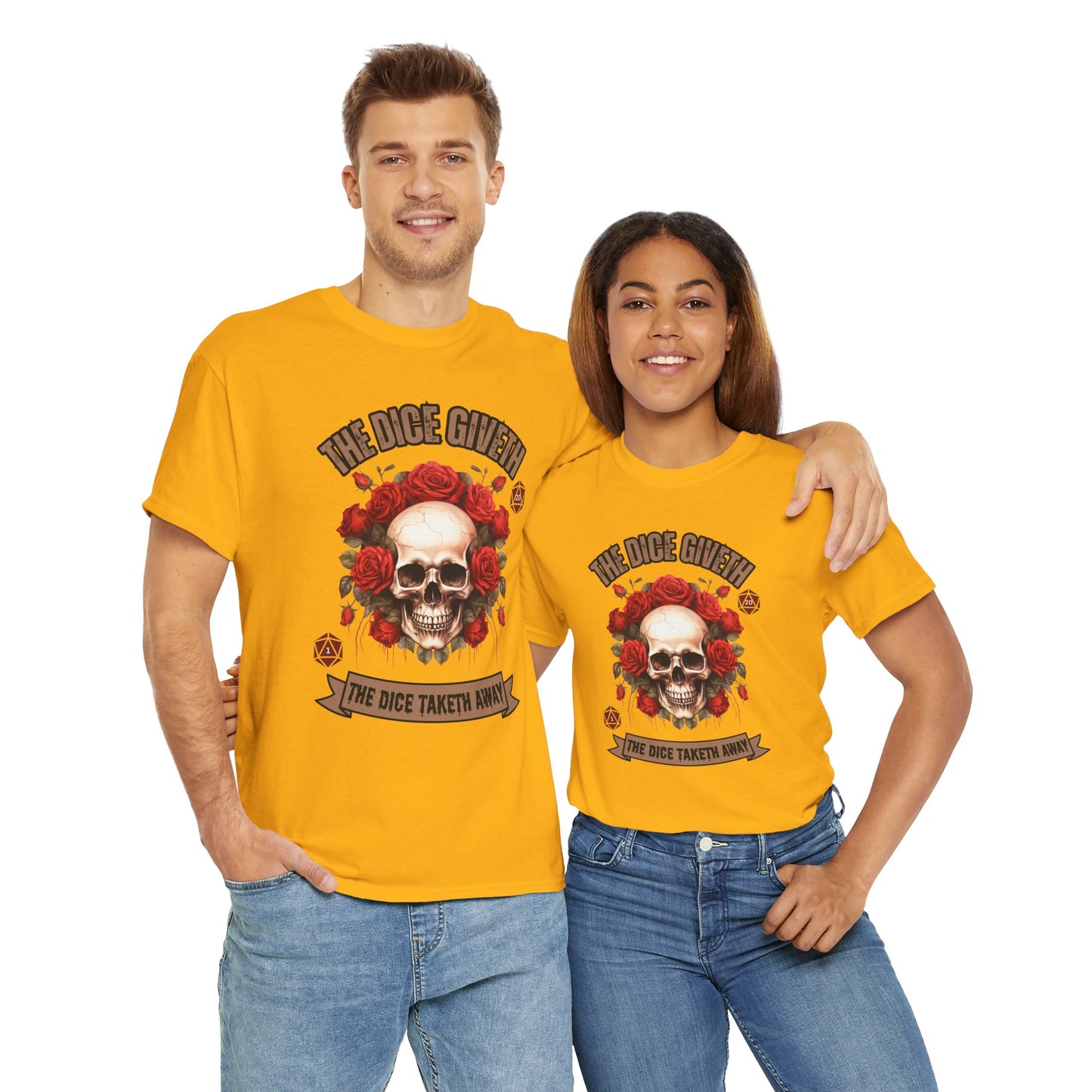 Skull & Roses 'The Dice Giveth The Dice Taketh Away' Graphic Tee, Unisex Heavy Cotton Tee, Casual Wear, Gift for Gamers, Alternative Fashion, D20, DND, RPG, TTRPG, Geek, Nerd