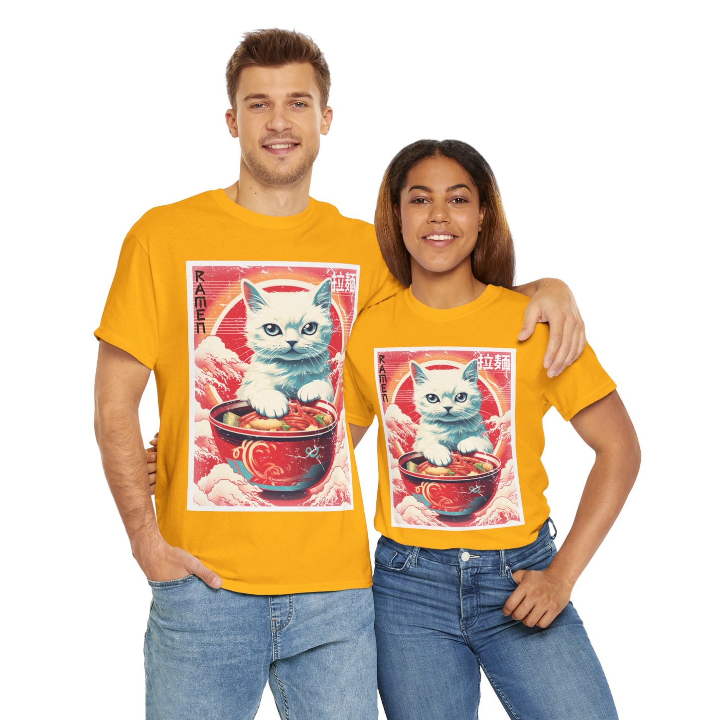 Cute Kawaii Anime Cat Eating Ramen Unisex Heavy Cotton Tee Shirt T-Shirt - Perfect for Animal Lovers and Foodies, Vintage Ad Style, Geek, Nerd