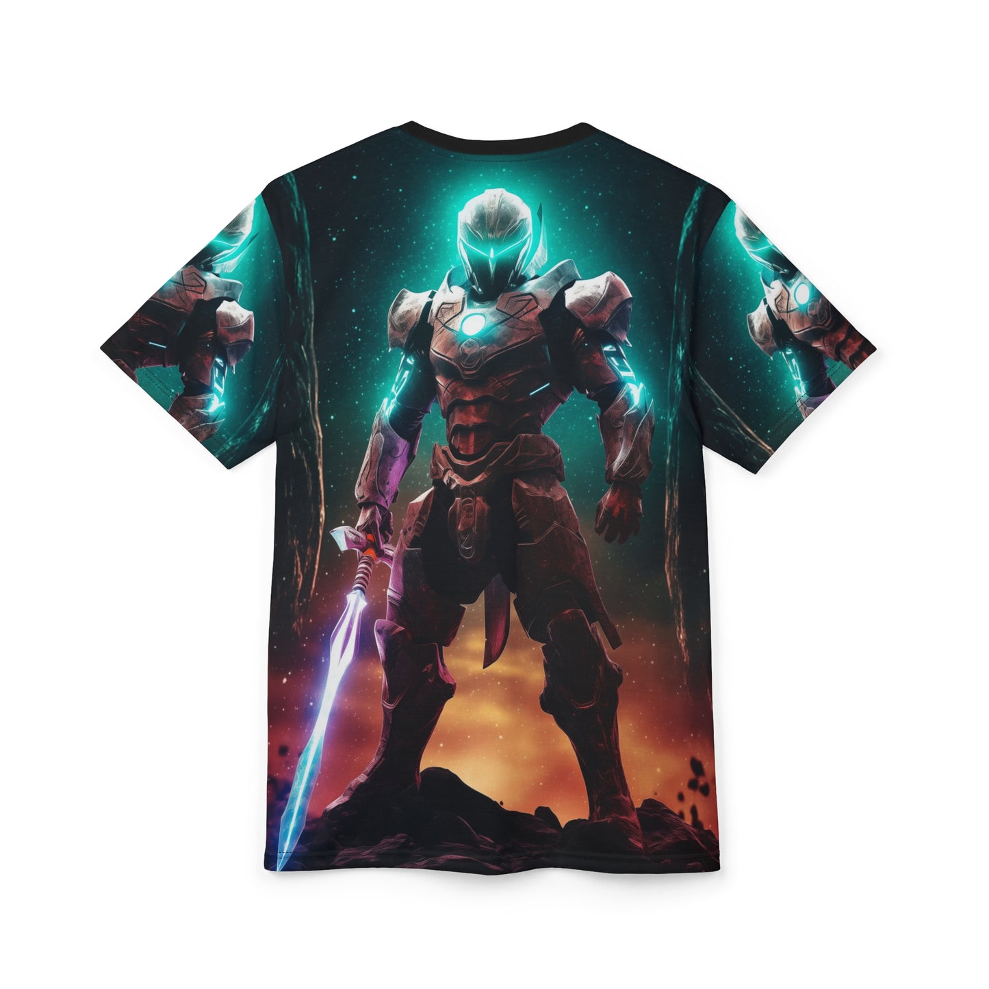 The Last Star Paladin Futuristic Sci-Fi AOP Unisex Tee – Heroic Design, Power Knight, Space Ranger, Armor, Energy Sword, Geek, Nerd