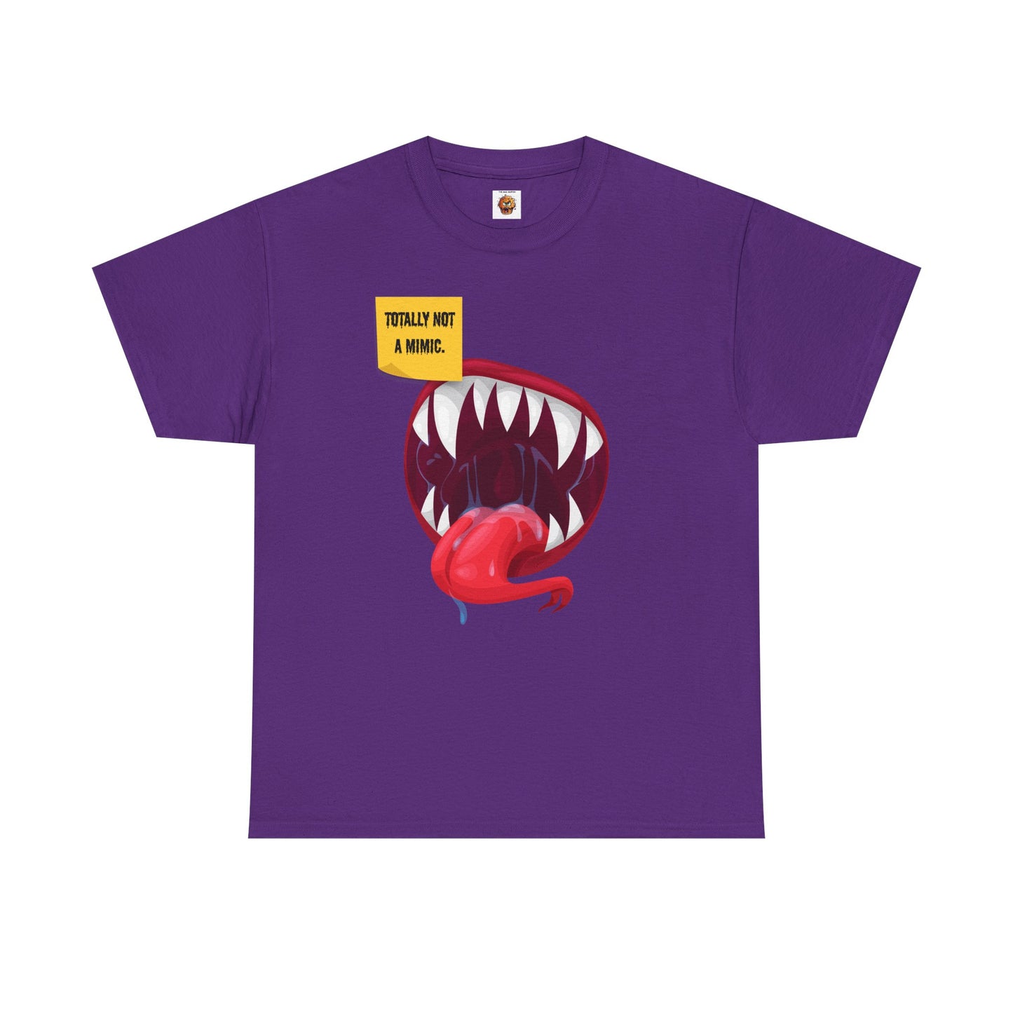 Funny Unisex Heavy Cotton Tee Shirt - "Totally Not a Mimic" Monster Mouth Design, D&D, DND, RPG, TTRPG, Roleplaying, Geek, Nerd, Teeth, Tongue