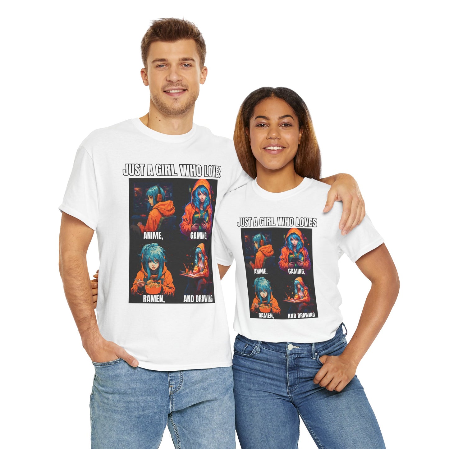 'Just a Girl Who Loves Anime, Gaming, Ramen, and Drawing' Unisex Heavy Cotton Tee - Waifu, Video Game, Gamer, Gamer Girl, Sketching, Weeb, Otaku, Geek, Nerd