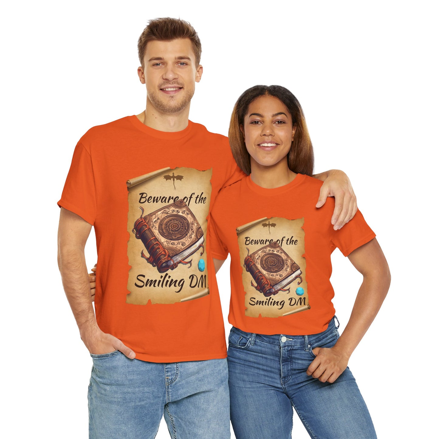 Unisex Heavy Cotton Tee - "Beware of the Smiling DM" RPG Humor Shirt, Ideal for Gamers, Casual Wear, Gifts for D&D Fans, Fun T-Shirt, D20, DND, TTRPG, Geek, Nerd
