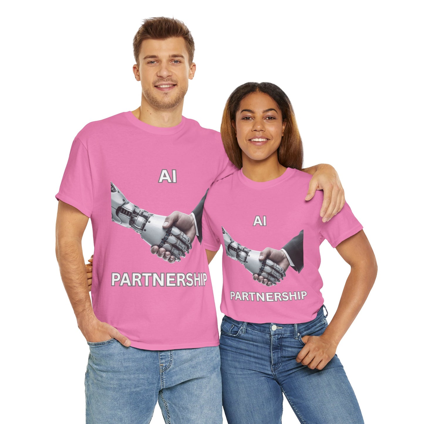 AI Partnership Unisex Heavy Cotton Tee Shirt - Robot And Human Shake Hands, Sci-Fi, Science, Tech, Geek, Nerd