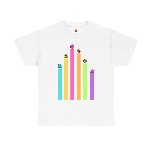 Vintage Minimalist Geeky Polyhedral Falling Retro Rainbow Dungeons and Dragons DND Unisex Heavy Cotton Tee Shirt - RPG, TTRPG, Roleplaying, Geek, Nerd