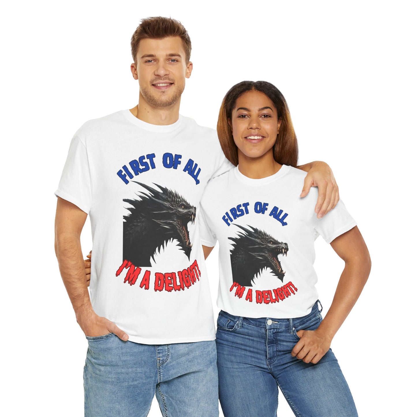 Black Dragon "First of All, I'm a Delight!" Dungeons and Dragons DND Unisex Heavy Cotton Tee Shirt T-Shirt - RPG, TTRPG, Roleplaying, Geek, Nerd