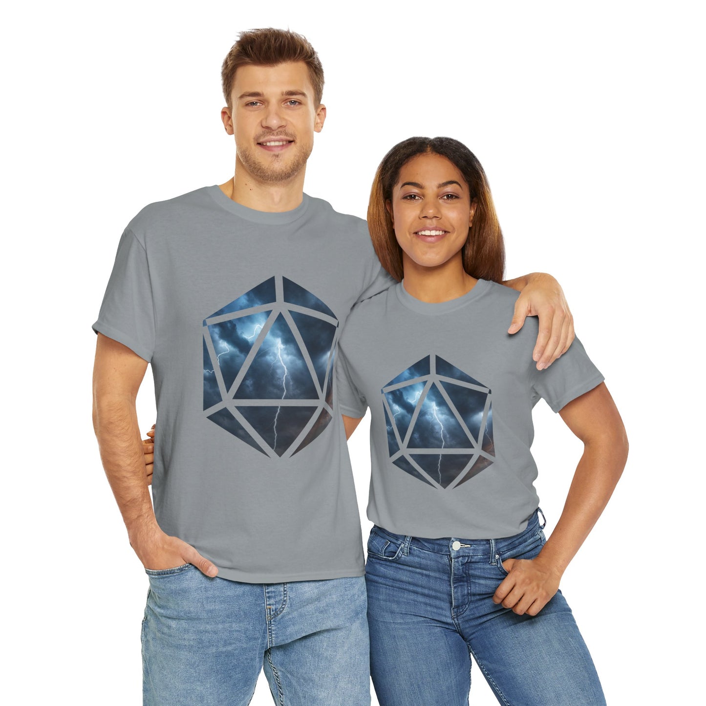 D20 Air Element Cosmic Geometric Unisex Heavy Cotton Tee | Storm Graphic Tee, Lightning Art Shirt, Unique Casual Wear, Gift for Tornado Lovers, DND, RPG, TTRPG, Geek, Nerd