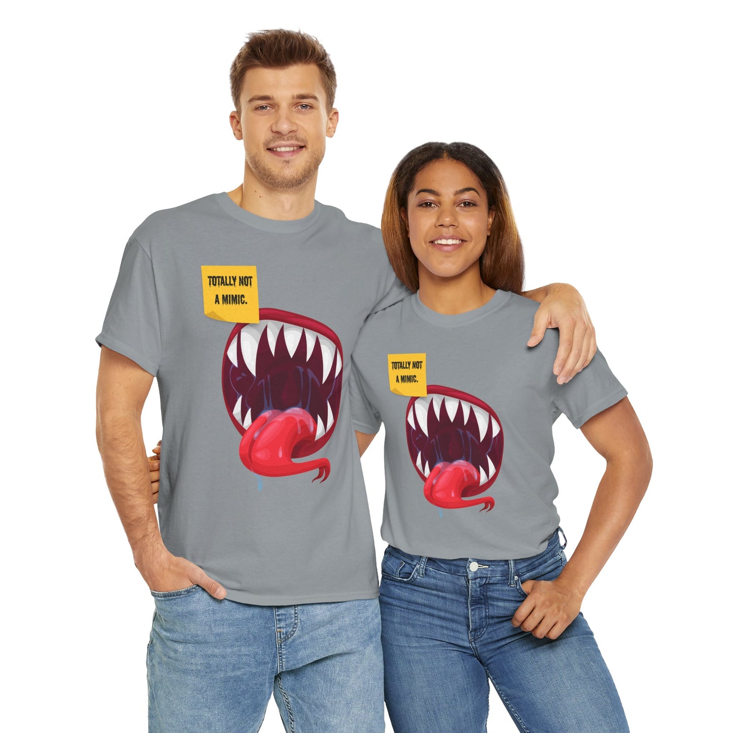 Funny Unisex Heavy Cotton Tee Shirt - "Totally Not a Mimic" Monster Mouth Design, D&D, DND, RPG, TTRPG, Roleplaying, Geek, Nerd, Teeth, Tongue