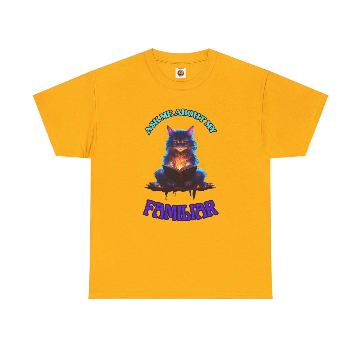 'Ask Me About My Familiar' Mystical Cat Enamel Tee, Cute Animal T-Shirt, Gift for Cat Lovers, Fun Graphic Tee, Witch, DND, RPG, TTRPG, Geek, Nerd