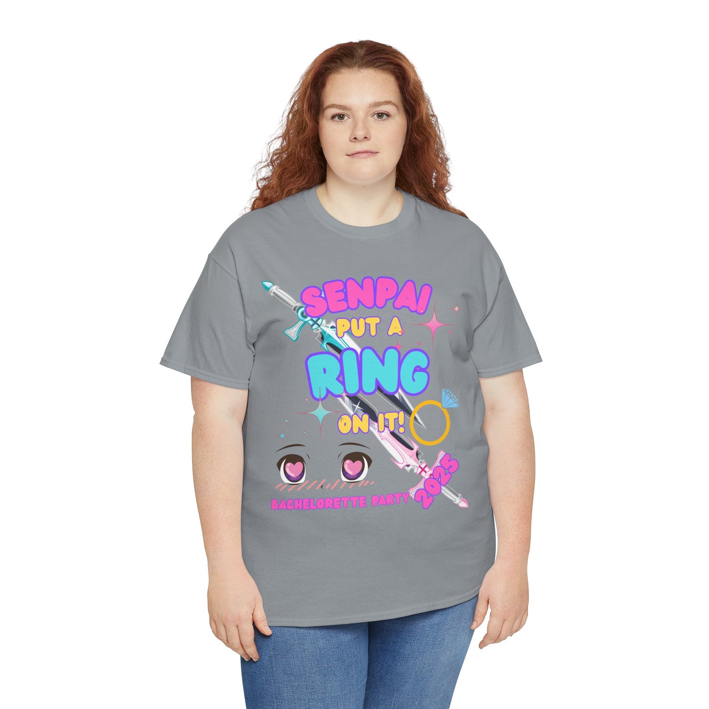 Kawaii Cute Funny Bachelorette Party Tee - "Senpai Put a Ring on It!" Unisex Heavy Cotton T-Shirt, Wedding, Engagement, Anime, Weeb, Otaku, Geek, Nerd