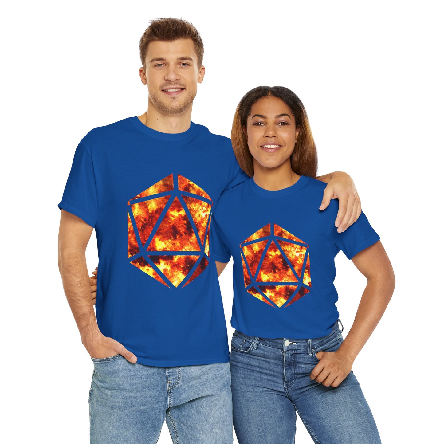 D20 Fire Element Fiery Geometric Unisex Tee - Bold Graphic Cotton Shirt, Casual Wear, Streetwear, Gamer Gift, Unique Art Tee, DND, RPG, TTRPG, Geek, Nerd