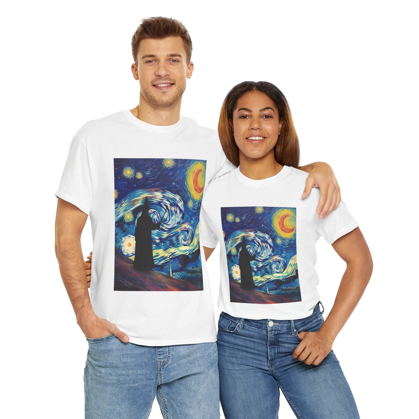 Casting Wizard Starry Night Unisex Heavy Cotton Tee - Artistic Graphic T-Shirt, D&D, DND, Fantasy, Magic, RPG, TTRPG, Geek, Nerd