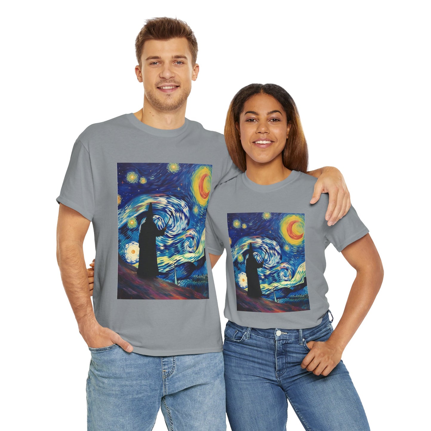Casting Wizard Starry Night Unisex Heavy Cotton Tee - Artistic Graphic T-Shirt, D&D, DND, Fantasy, Magic, RPG, TTRPG, Geek, Nerd