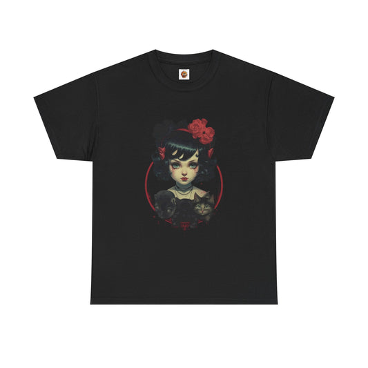 Coquette Gothic Girl With Cat Pets Unisex Heavy Cotton Tee Shirt T-Shirt - Artistic Floral Design, Horror, Scary, Disturbing, Halloween, Geek, Nerd