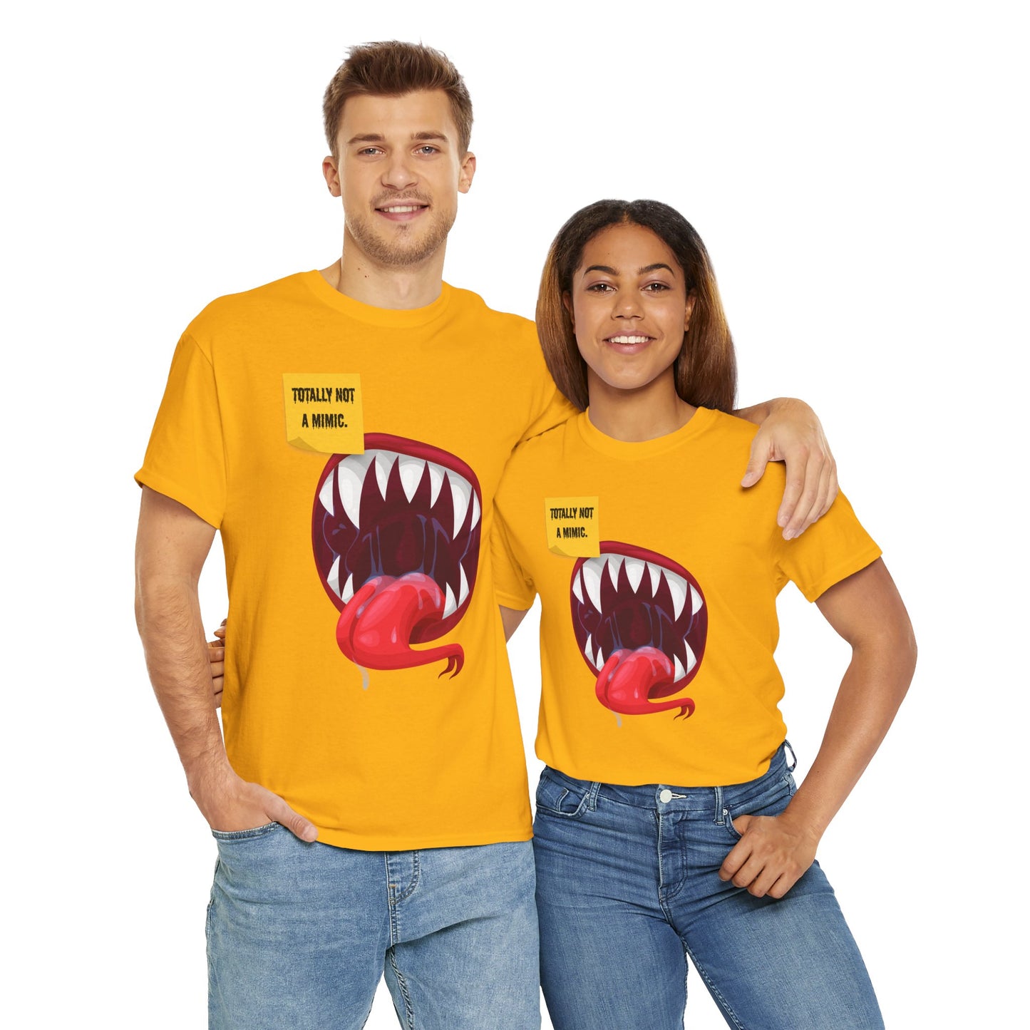 Funny Unisex Heavy Cotton Tee Shirt - "Totally Not a Mimic" Monster Mouth Design, D&D, DND, RPG, TTRPG, Roleplaying, Geek, Nerd, Teeth, Tongue