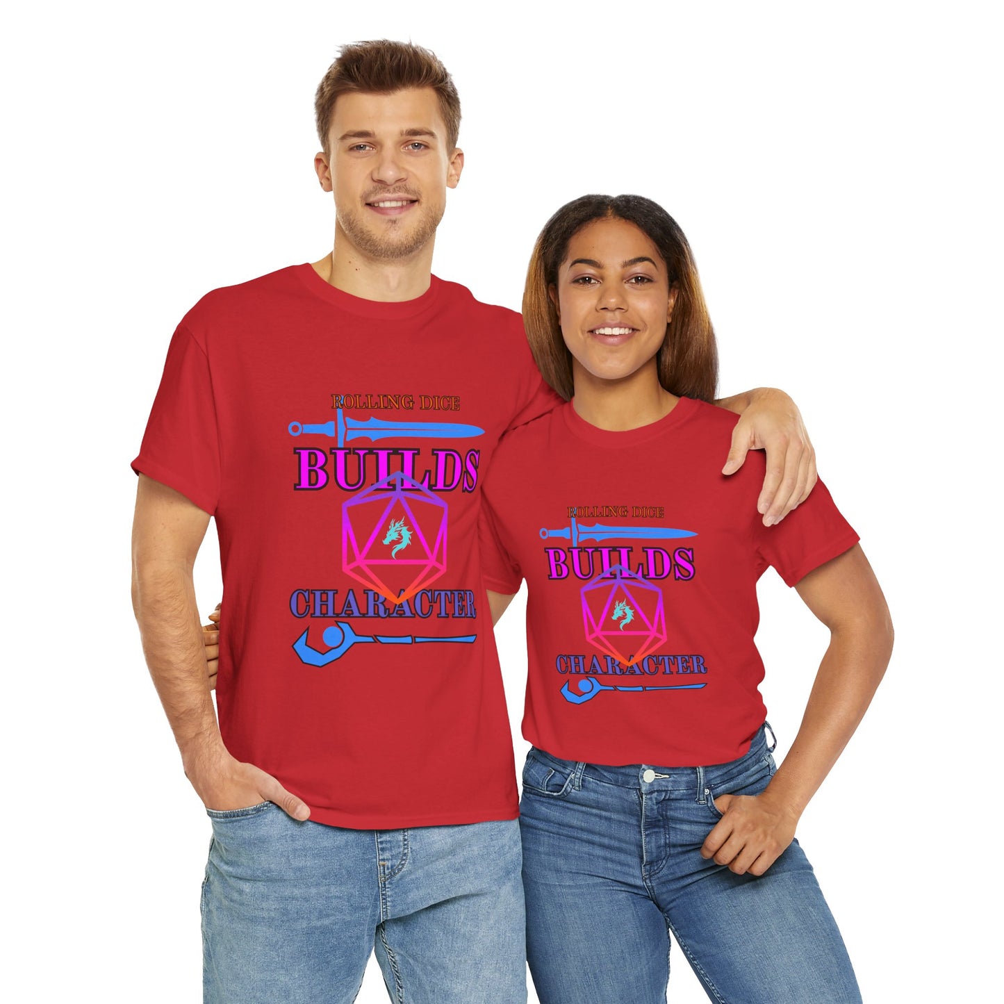 Unisex Heavy Cotton Tee - 'Rolling Dice Builds Character', Gamer Shirt, D&D Tee, Geeky Apparel, Role-Playing Gift, Fun RPG Top, D20, TTRPG, Geek, Nerd
