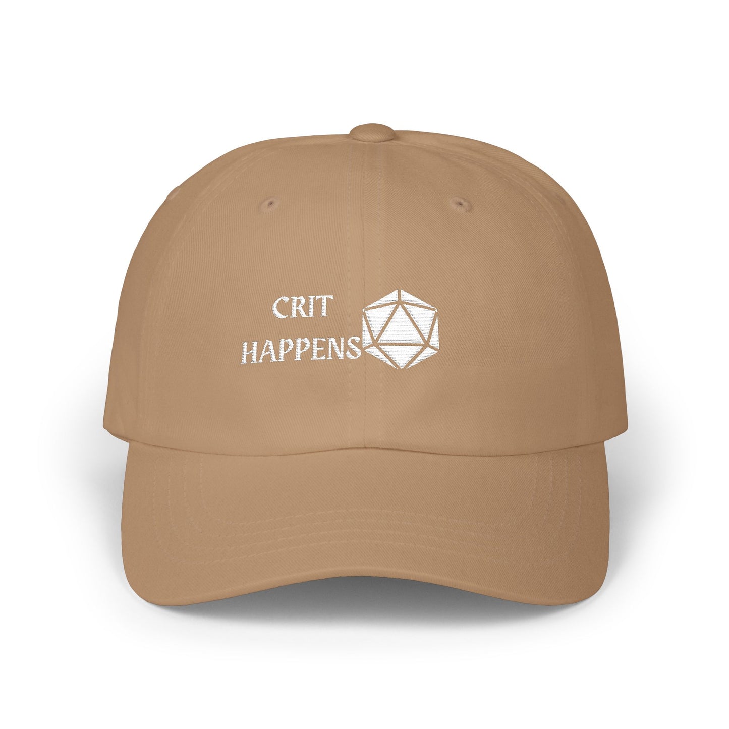 DnD D20 Embroidered Dad Cap 'Crit Happens' Hat for Gamers, Geek Apparel, Gifts for D&D Fans, Casual Style Dad Cap, RPG, TTRPG, Roleplaying, Nerd
