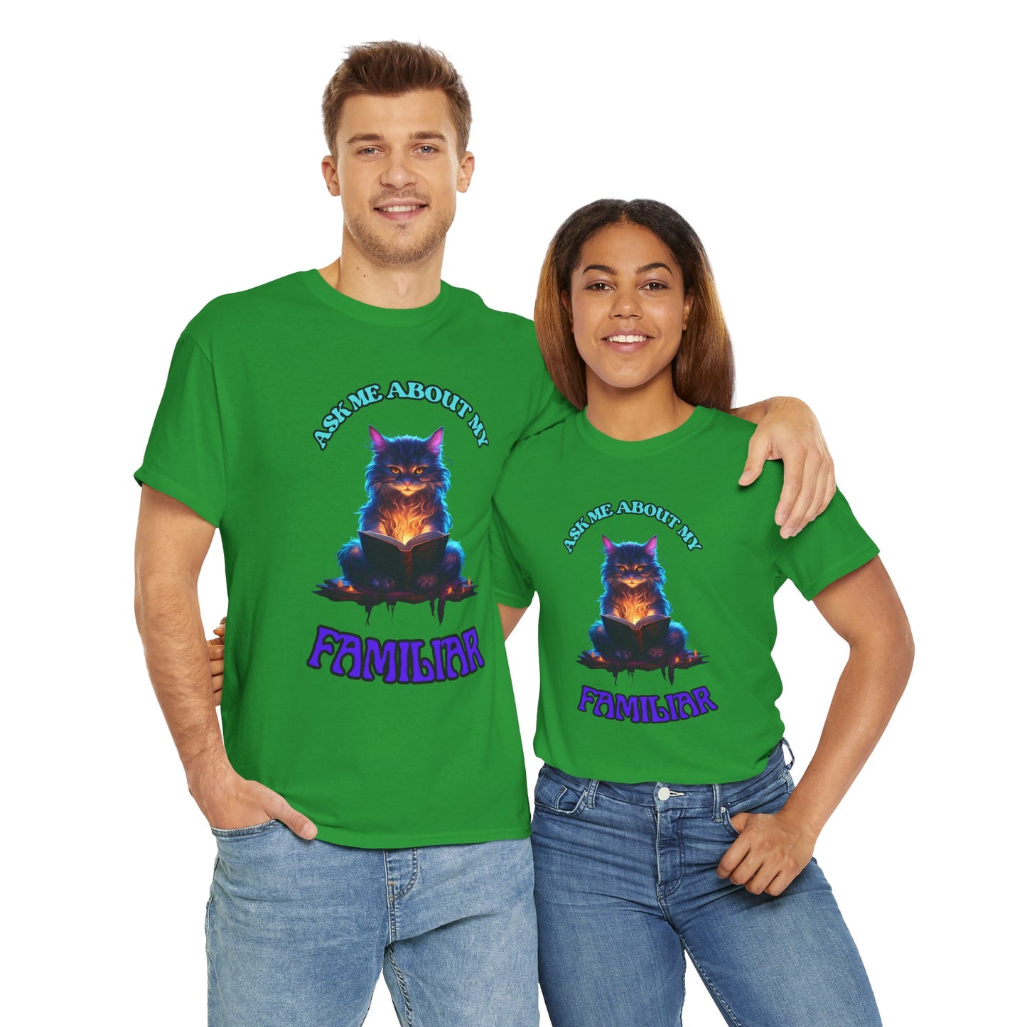 'Ask Me About My Familiar' Mystical Cat Enamel Tee, Cute Animal T-Shirt, Gift for Cat Lovers, Fun Graphic Tee, Witch, DND, RPG, TTRPG, Geek, Nerd