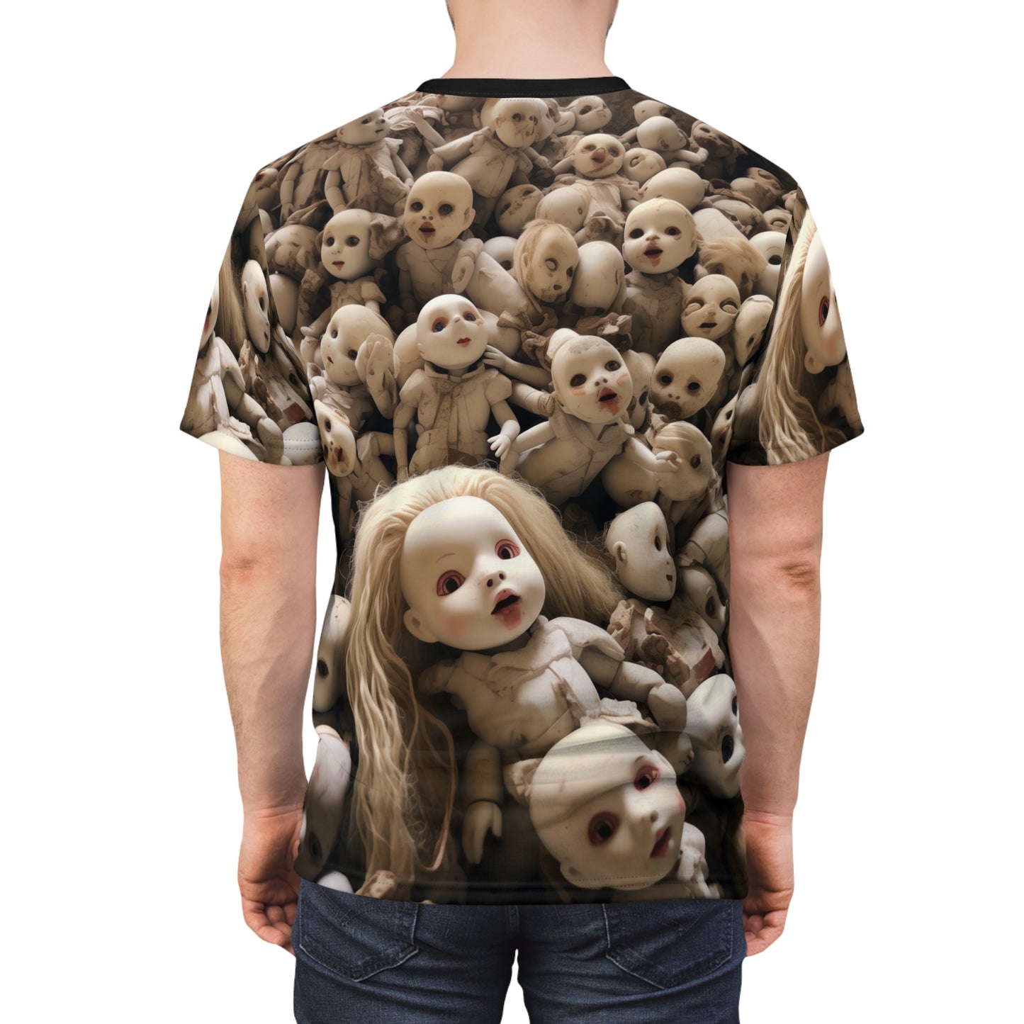 Creepy Mass of Dolls AOP Unisex Tee - For Halloween and Horror Fans, Scary, Gothic, T-Shirt