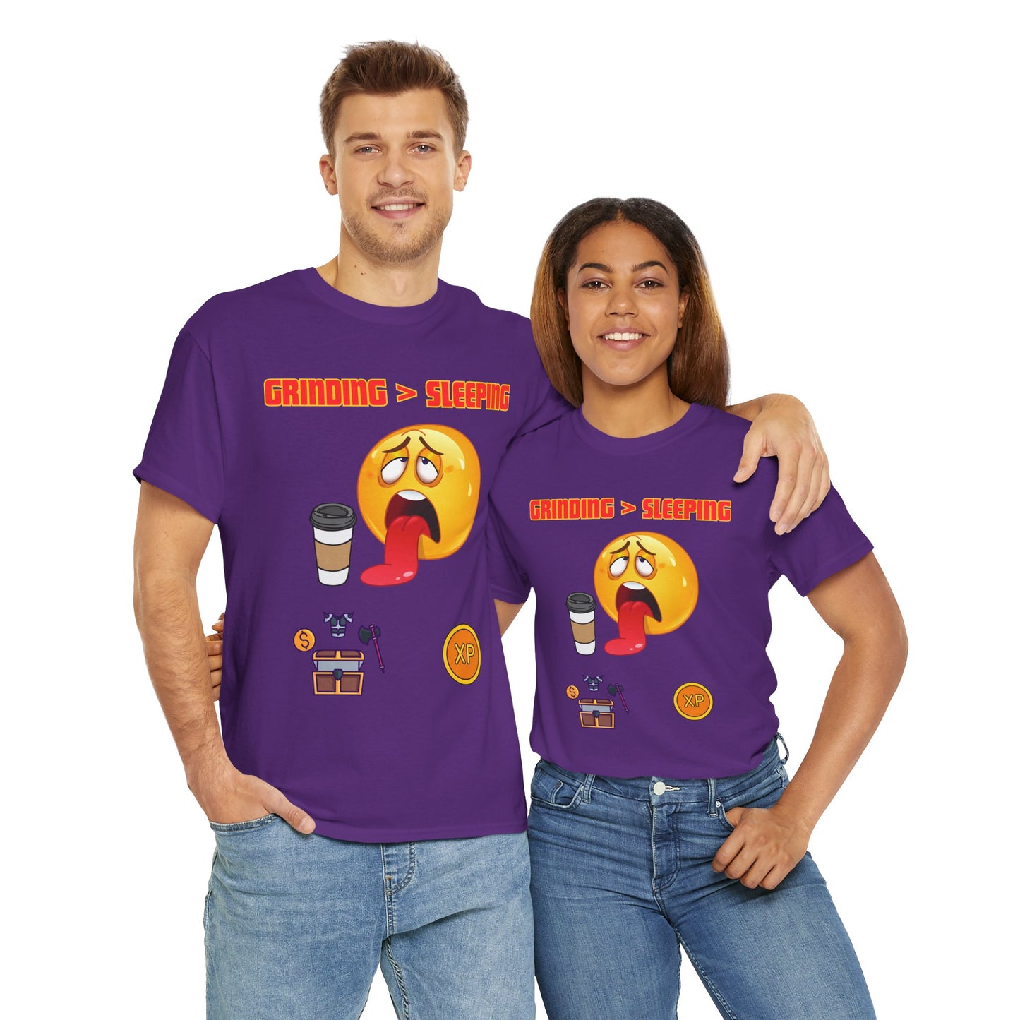 Grinding > Sleeping Unisex Heavy Cotton Tee - Funny Graphic T-Shirt for Gamers and Coffee Lovers, Gaming, Video Game, Geek, Nerd, RPG