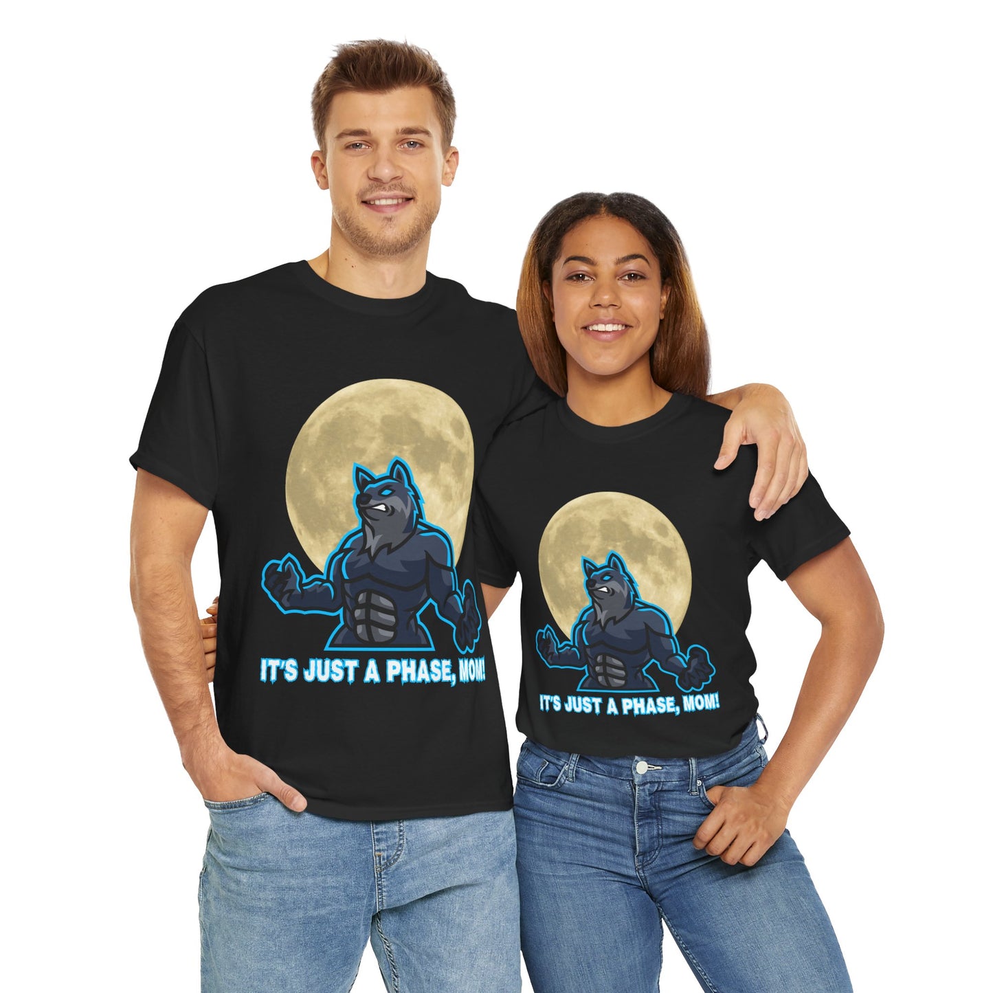 'It's Just A Phase, Mom!' Moon & Werewolf Graphic Tee Shirt T-Shirt – Perfect for Teenagers and Moms! Funny, Horror, Scary, Gothic, Halloween, Geek, Nerd