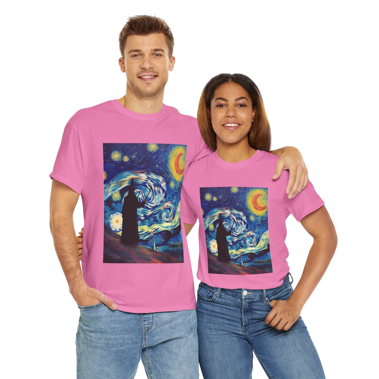 Casting Wizard Starry Night Unisex Heavy Cotton Tee - Artistic Graphic T-Shirt, D&D, DND, Fantasy, Magic, RPG, TTRPG, Geek, Nerd
