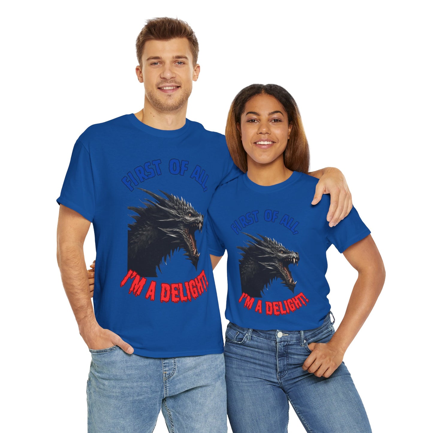 Black Dragon "First of All, I'm a Delight!" Dungeons and Dragons DND Unisex Heavy Cotton Tee Shirt T-Shirt - RPG, TTRPG, Roleplaying, Geek, Nerd