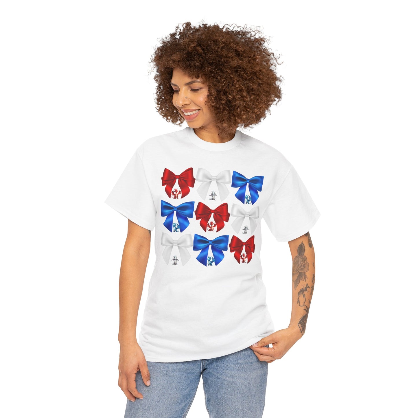 Coquette Red, White, and Blue Dragons & Bows Tee - American Flag, Perfect for Patriotic Events, Independence Day, BBQs, Family Gatherings, DND, RPG, TTRPG, Roleplaying, Geek, Nerd, 4th of July