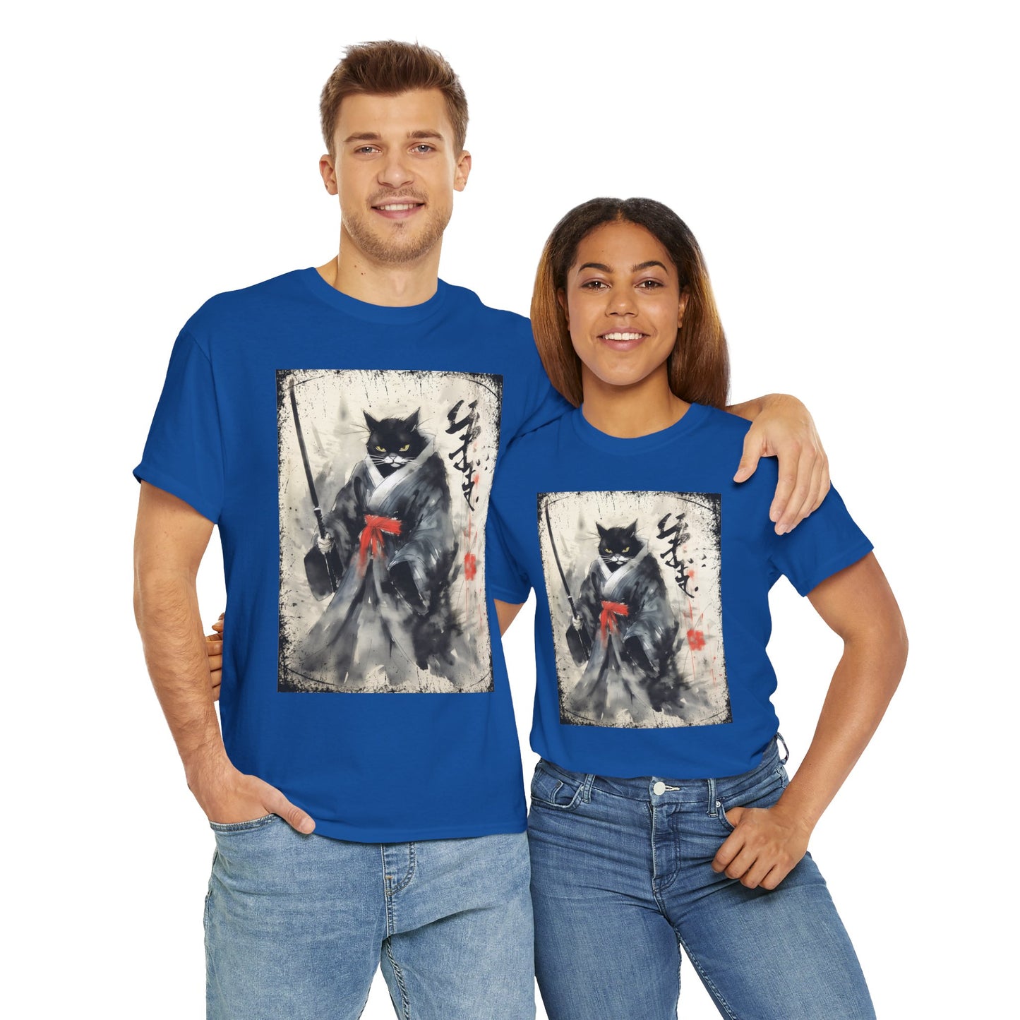 Samurai Cat Vintage Ukiyo-e Warrior Art Unisex Heavy Cotton Tee - Artistic Vintage Design, Japanese Ink Painting, Anime, Weeb, Otaku, Geek, Nerd