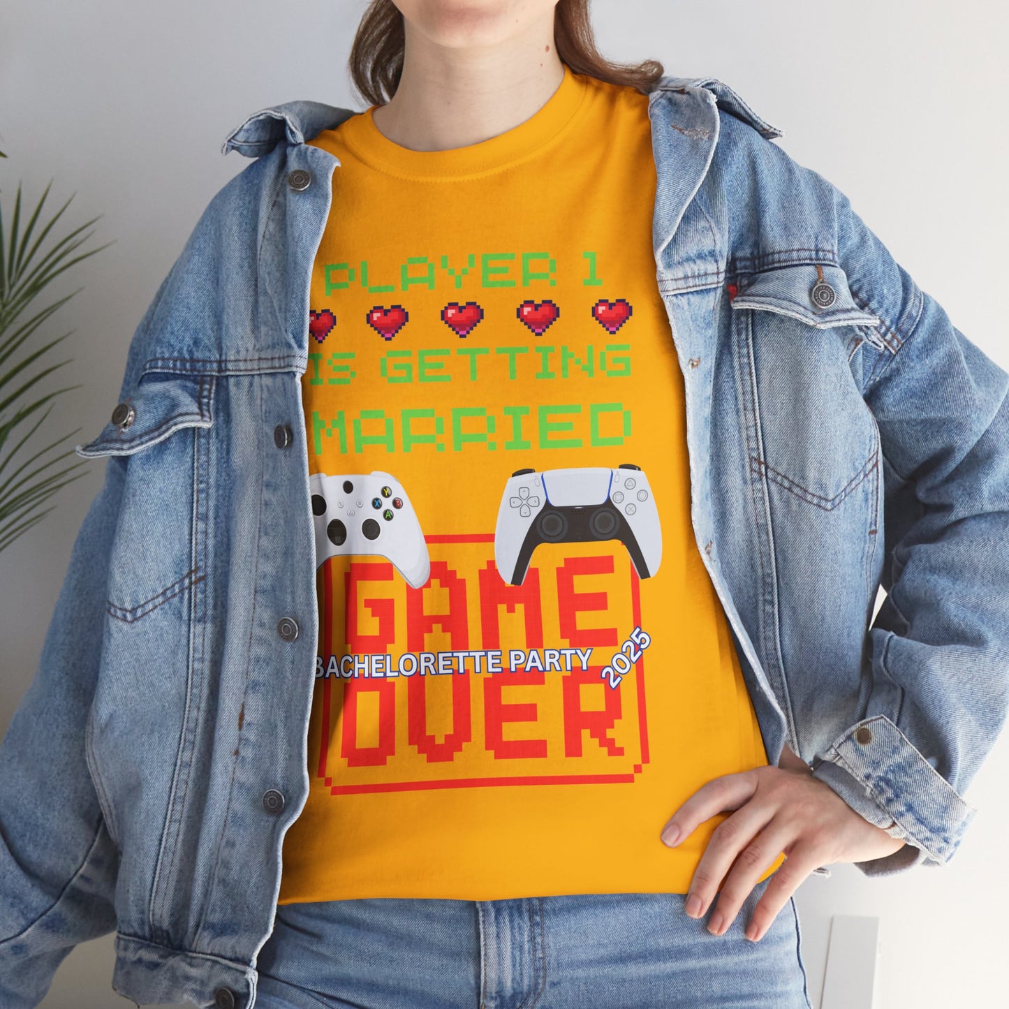 Gamer Girl Bachelorette Party 2025 Unisex Heavy Cotton Tee - "Player 1 is Getting Married", Video Game, Gaming, Console, PC, Tech, Geek, Squad, Nerd