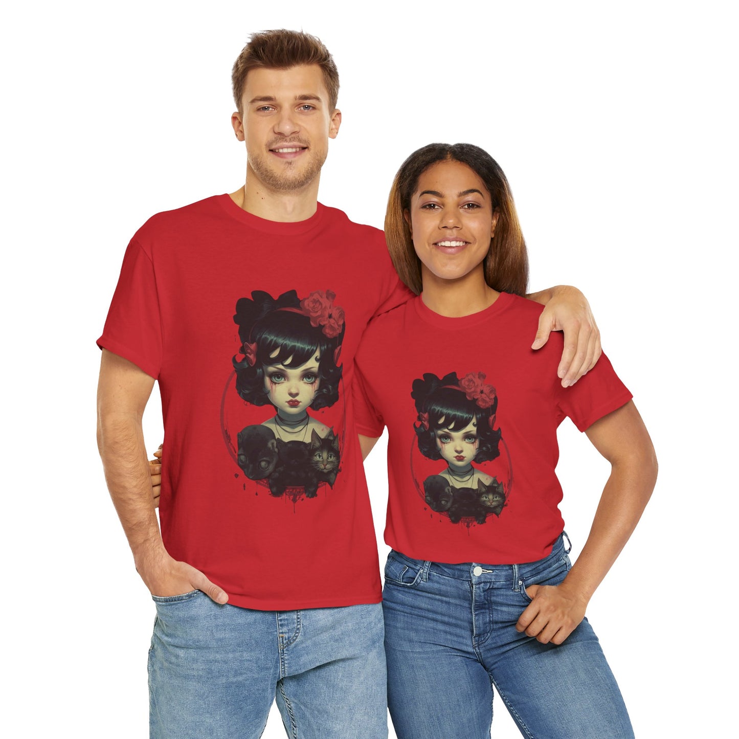 Coquette Gothic Girl With Cat Pets Unisex Heavy Cotton Tee Shirt T-Shirt - Artistic Floral Design, Horror, Scary, Disturbing, Halloween, Geek, Nerd