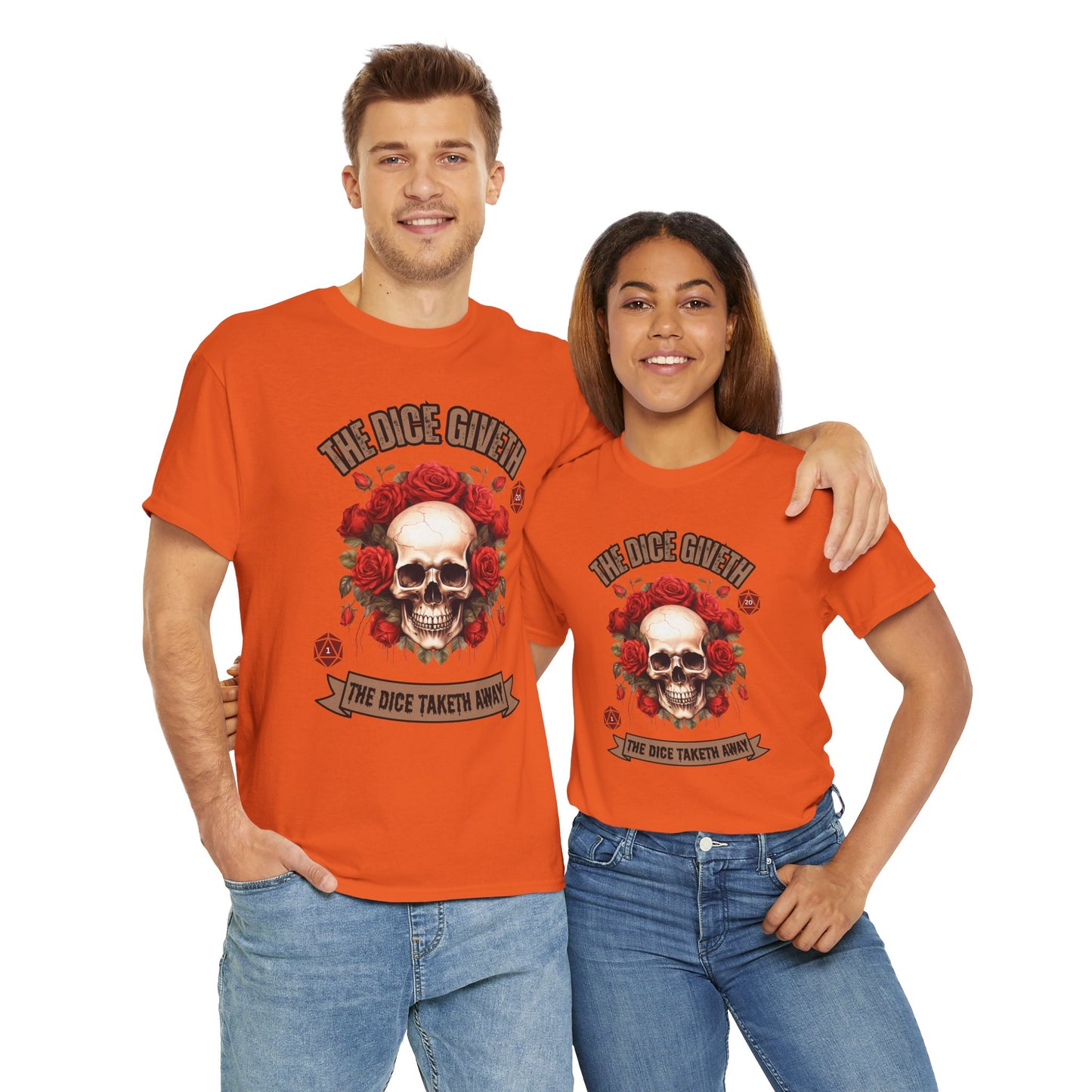 Skull & Roses 'The Dice Giveth The Dice Taketh Away' Graphic Tee, Unisex Heavy Cotton Tee, Casual Wear, Gift for Gamers, Alternative Fashion, D20, DND, RPG, TTRPG, Geek, Nerd