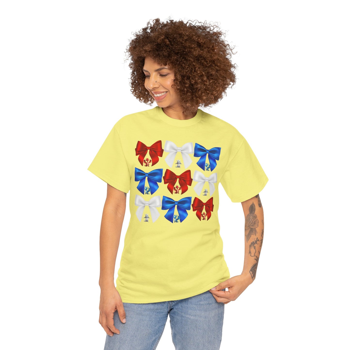 Coquette Red, White, and Blue Dragons & Bows Tee - American Flag, Perfect for Patriotic Events, Independence Day, BBQs, Family Gatherings, DND, RPG, TTRPG, Roleplaying, Geek, Nerd, 4th of July