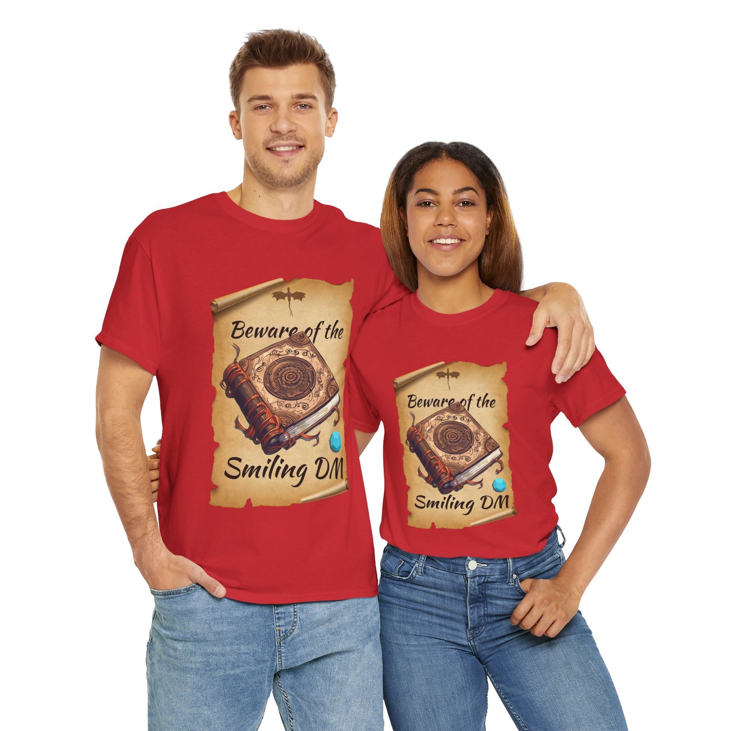 Unisex Heavy Cotton Tee - "Beware of the Smiling DM" RPG Humor Shirt, Ideal for Gamers, Casual Wear, Gifts for D&D Fans, Fun T-Shirt, D20, DND, TTRPG, Geek, Nerd