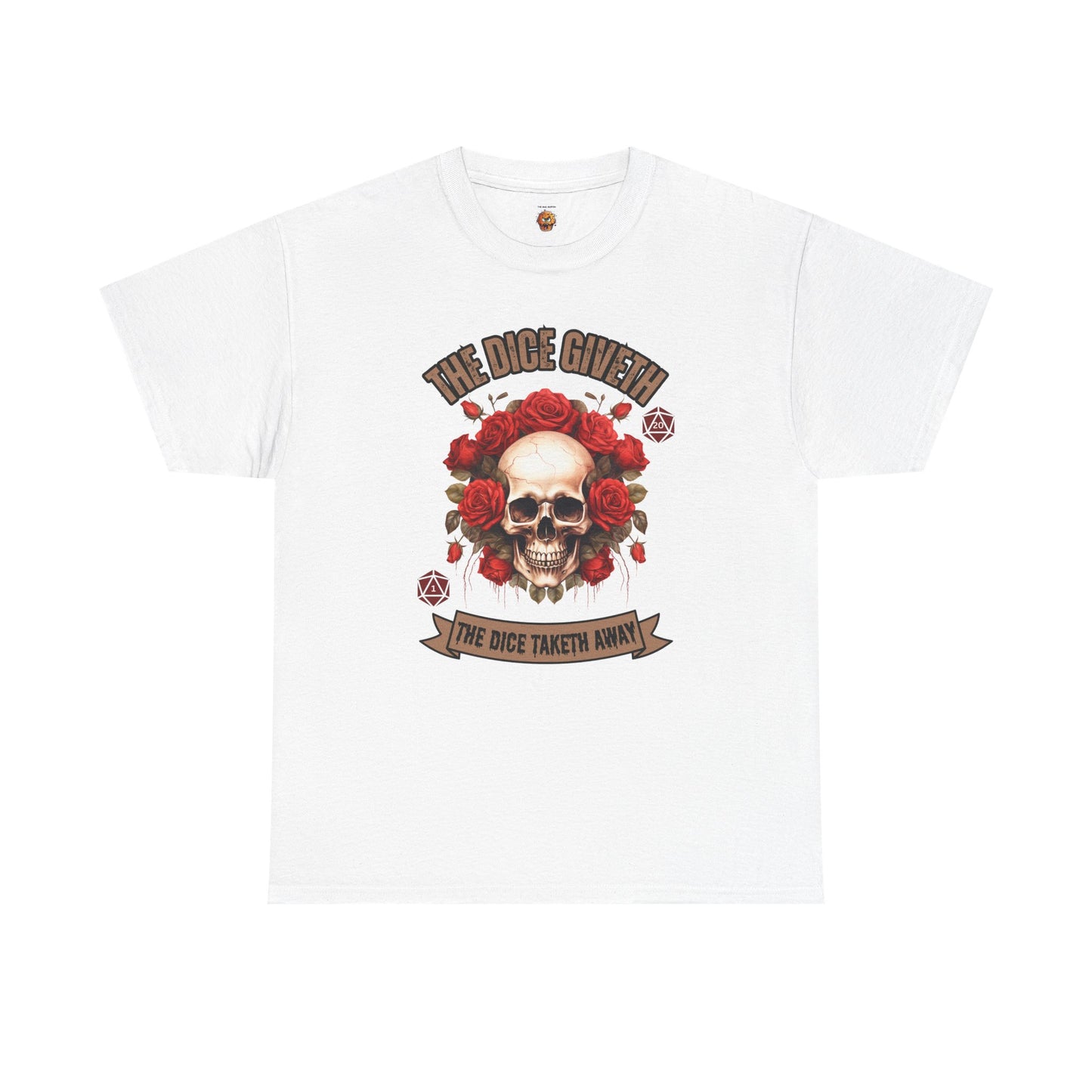 Skull & Roses 'The Dice Giveth The Dice Taketh Away' Graphic Tee, Unisex Heavy Cotton Tee, Casual Wear, Gift for Gamers, Alternative Fashion, D20, DND, RPG, TTRPG, Geek, Nerd