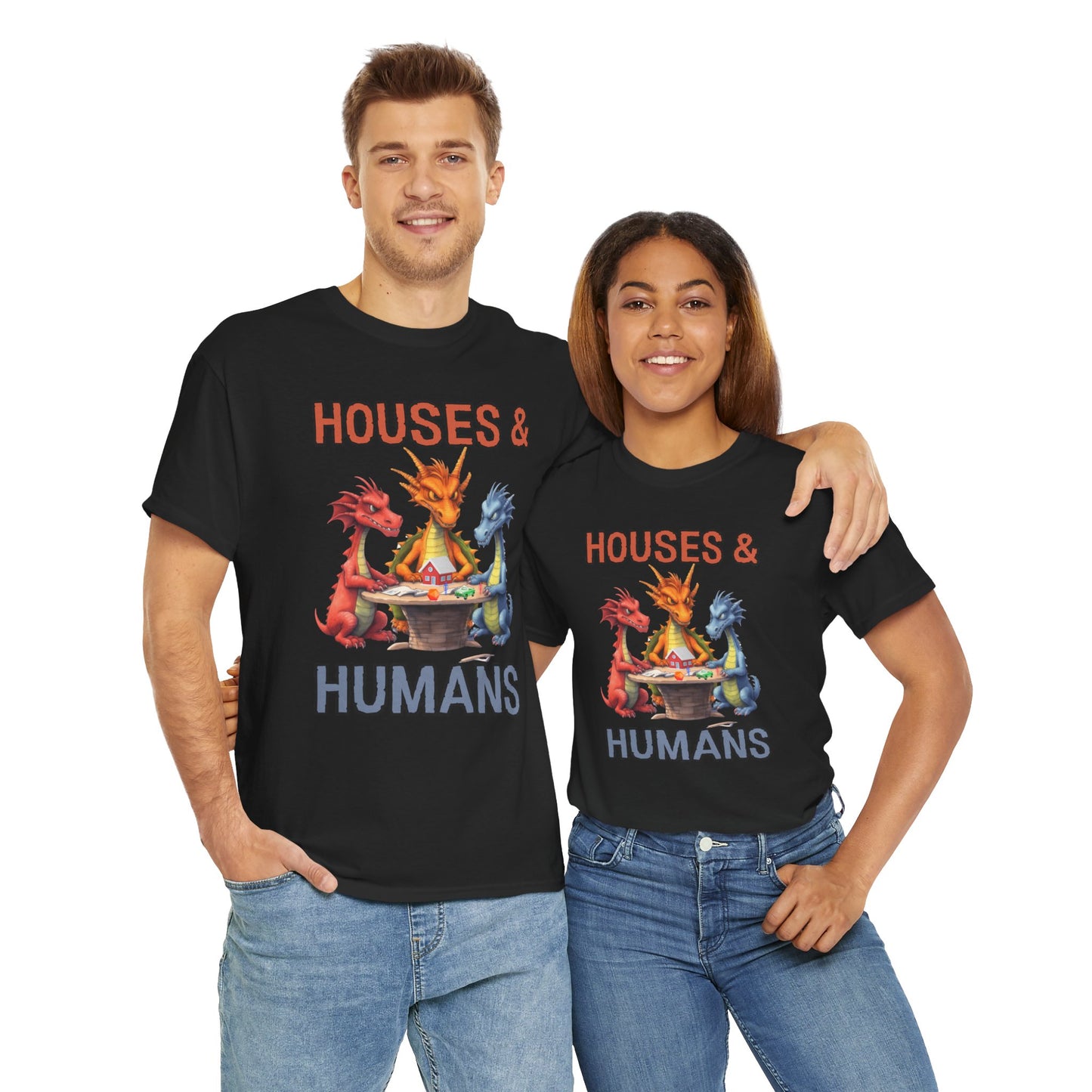 Funny 'Houses & Humans' Unisex Dragon Graphic Tee | Cute Fantasy Shirt for Fans | Gifts for Gamers, D&D, DND, RPG, TTRPG, Roleplaying, Geek, Nerd, D20