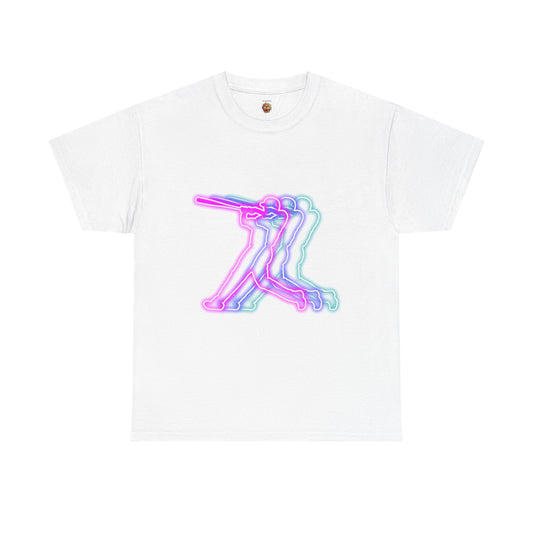 Neon Baseball Player Action Graphic Tee | Unisex Heavy Cotton Shirt, Retro Sports T-Shirt, Casual Wear, Street Style, Gift for Athletes, American, Batter Up