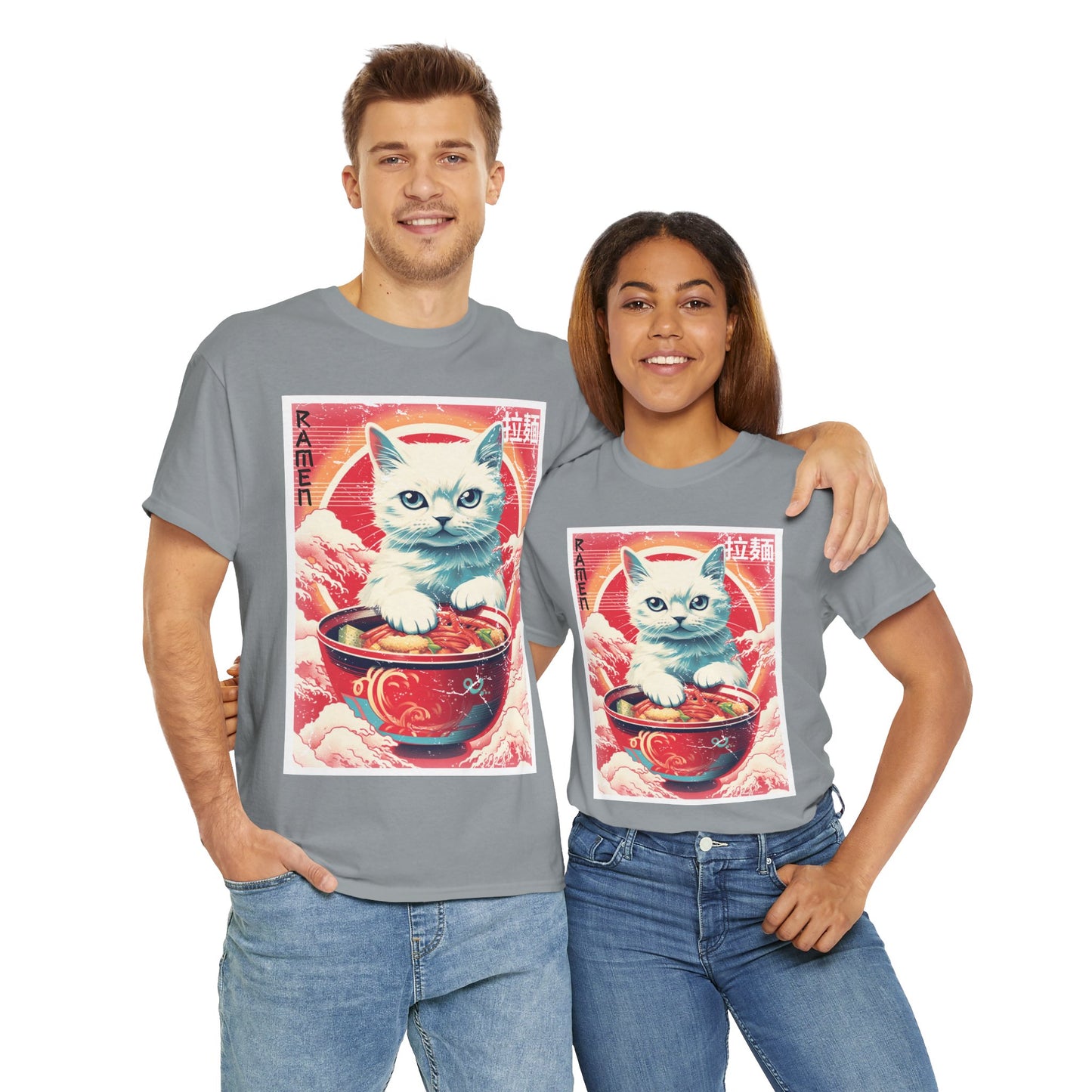 Cute Kawaii Anime Cat Eating Ramen Unisex Heavy Cotton Tee Shirt T-Shirt - Perfect for Animal Lovers and Foodies, Vintage Ad Style, Geek, Nerd