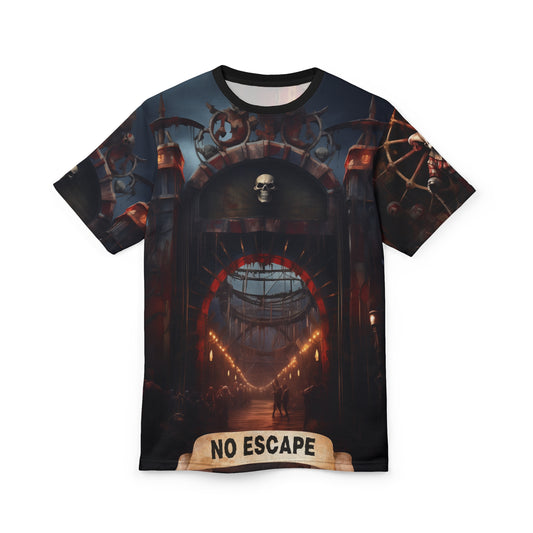 Rotting Carnival No Escape Laugh Forever Unisex AOP Graphic Tee - Dark Fantasy Design, Horror, Scary, Creepy, Clowns, Nightmare