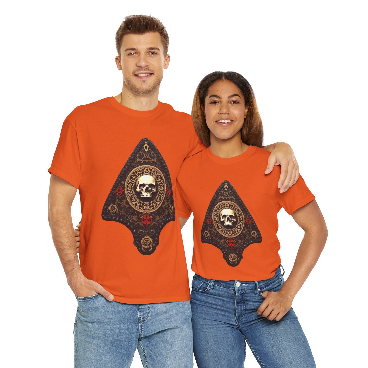 Skull Design Ouija Planchette Unisex Heavy Cotton Tee Shirt - Unique Graphic T-Shirt for Horror Fans, Scary, Gothic, Halloween, Geek, Nerd
