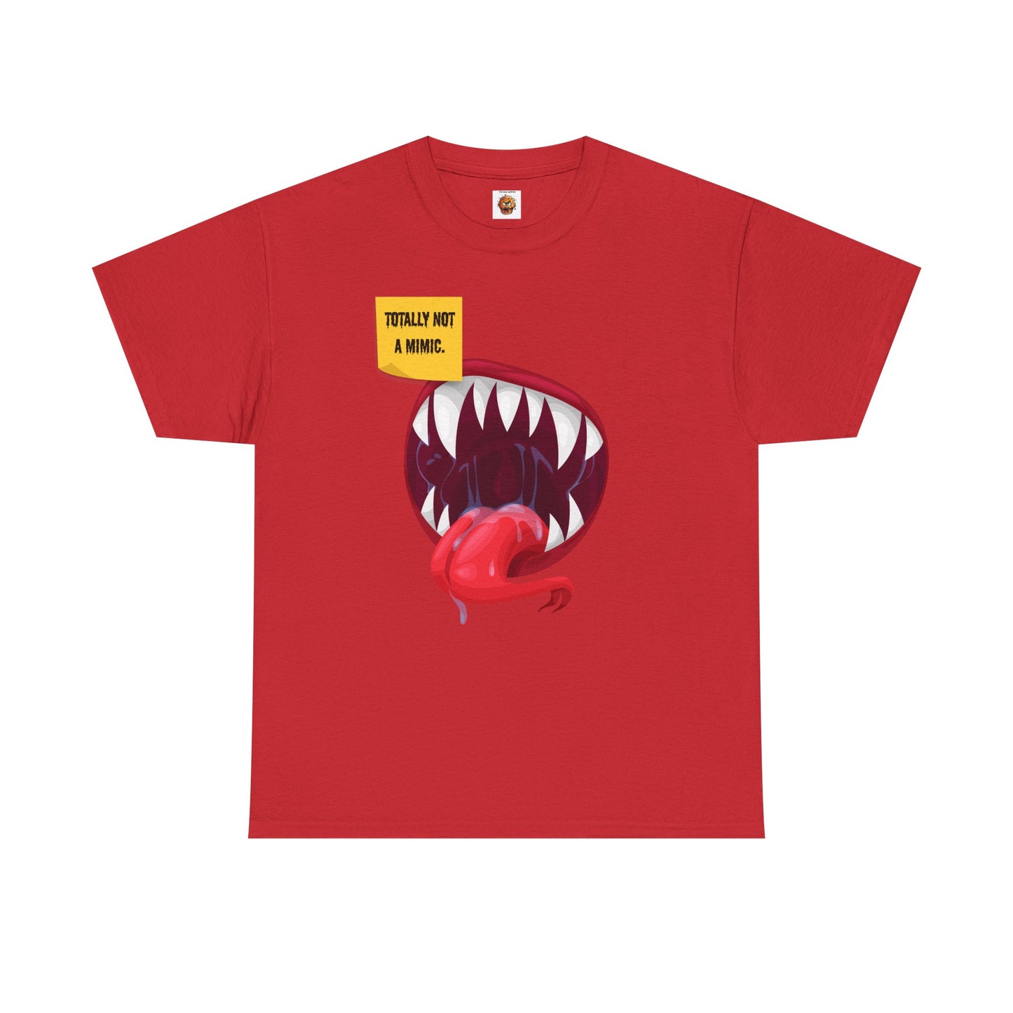 Funny Unisex Heavy Cotton Tee Shirt - "Totally Not a Mimic" Monster Mouth Design, D&D, DND, RPG, TTRPG, Roleplaying, Geek, Nerd, Teeth, Tongue