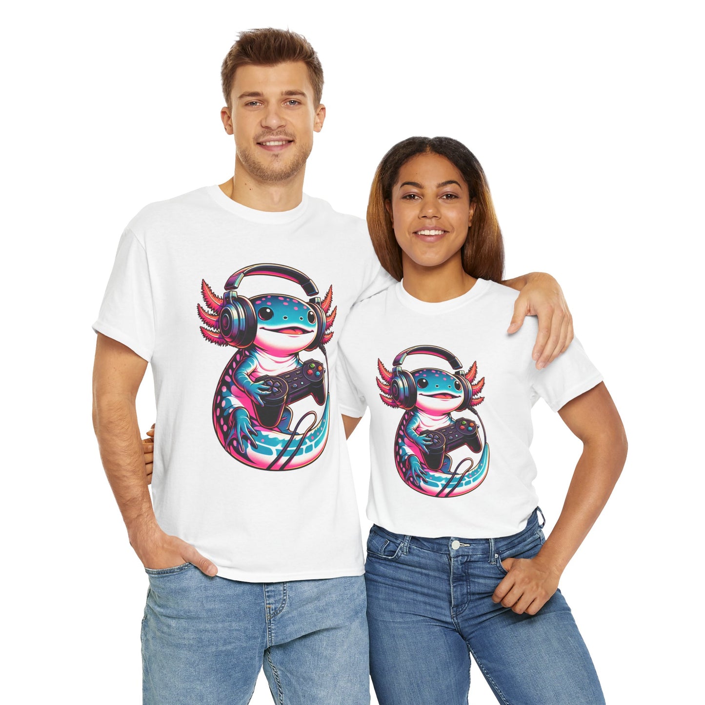 Cute Kawaii Gaming Axolotl Unisex Heavy Cotton Tee - Perfect for Gamers, Mexican Walking Fish, Smile, Video Game, Geek, Nerd, Salamander, Anime